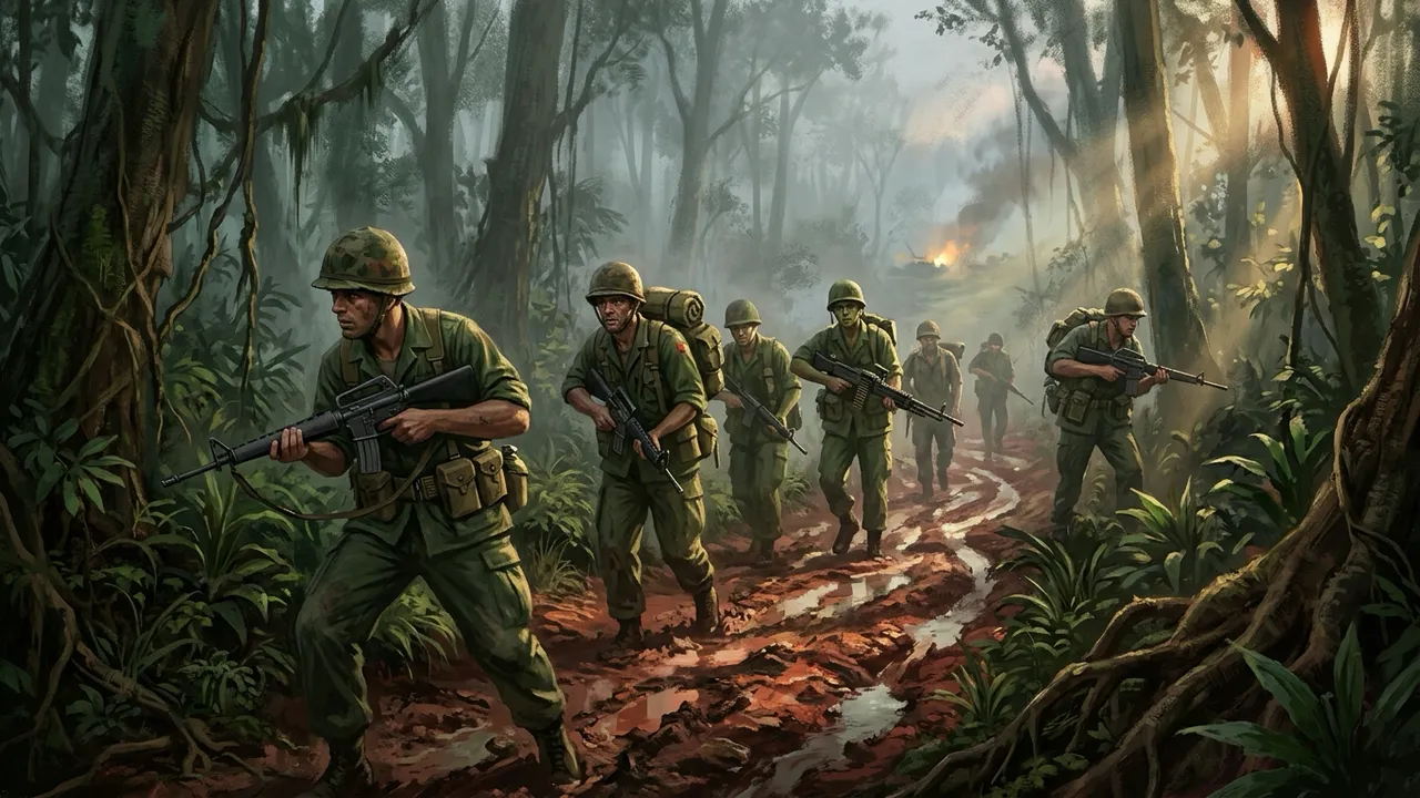 A US infantry squad moving in file along a muddy jungle trail at dawn