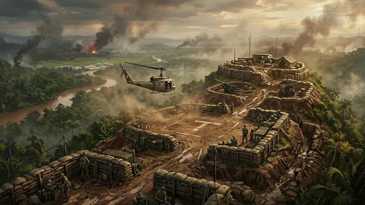 A Vietnam War firebase on a jungle hilltop with a Huey inbound