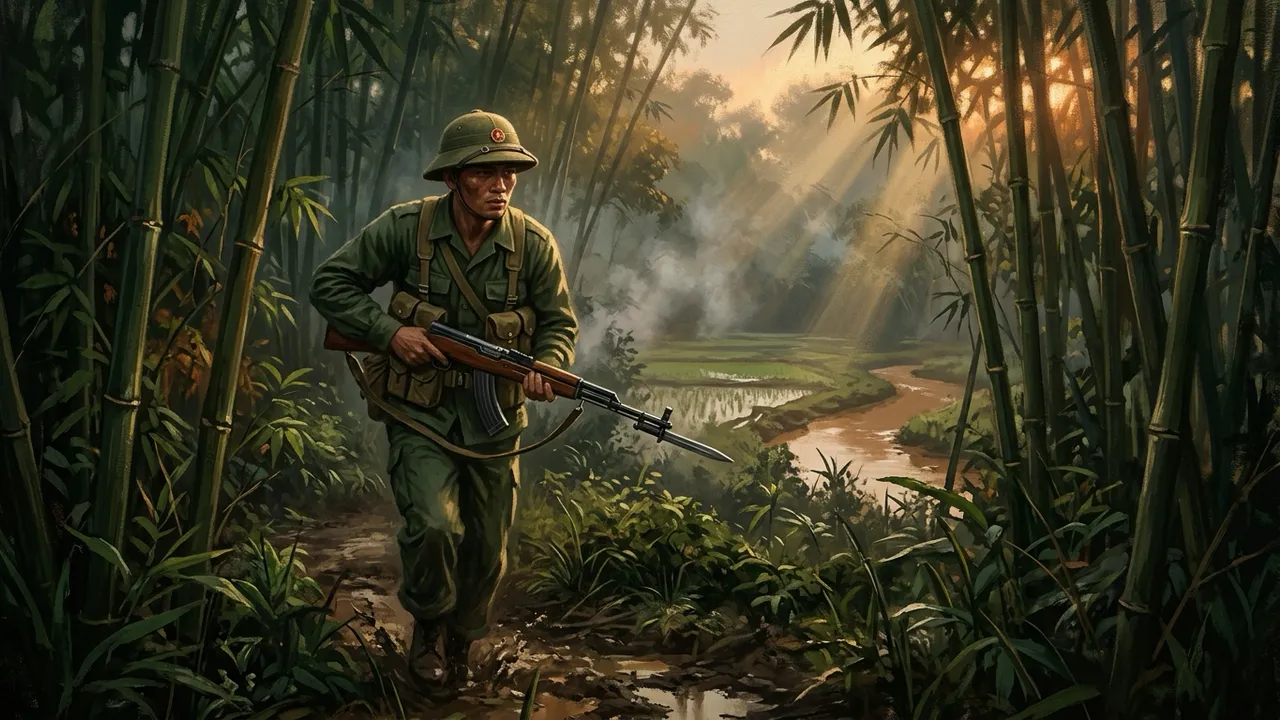 A North Vietnamese Army soldier in a pith helmet moving through bamboo jungle
