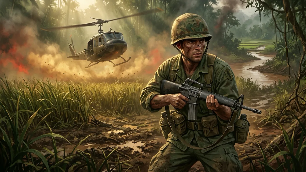 A US infantry rifleman in jungle fatigues with a Huey lifting off behind him