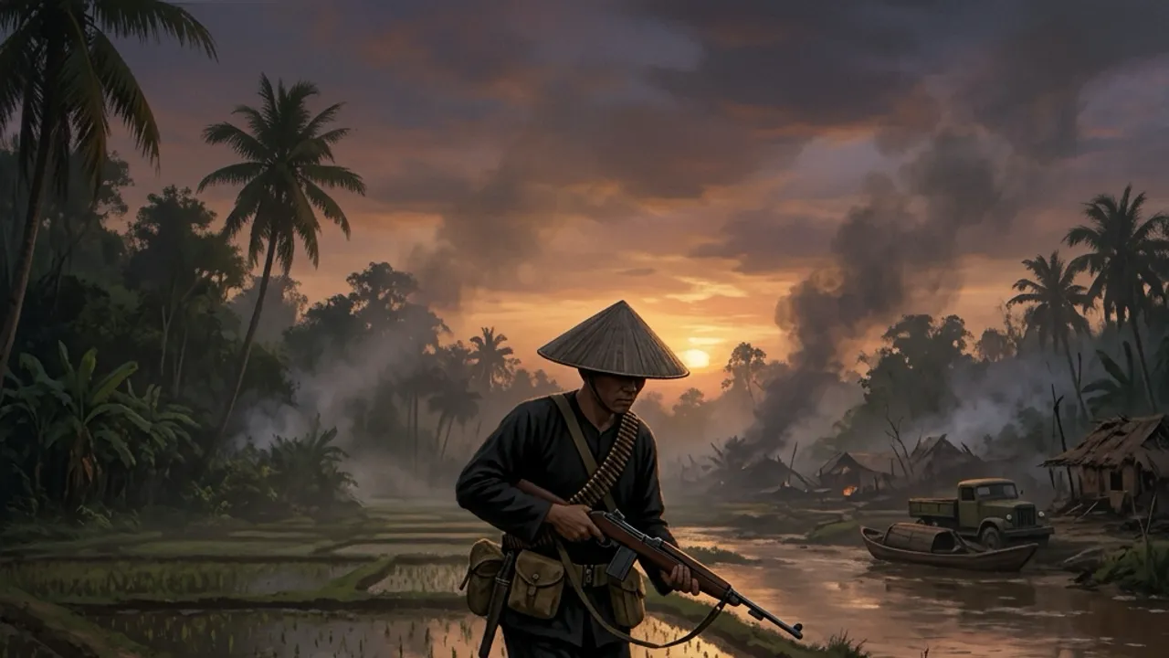 A Viet Cong guerrilla in black garb and conical hat among rice paddy dikes at dusk