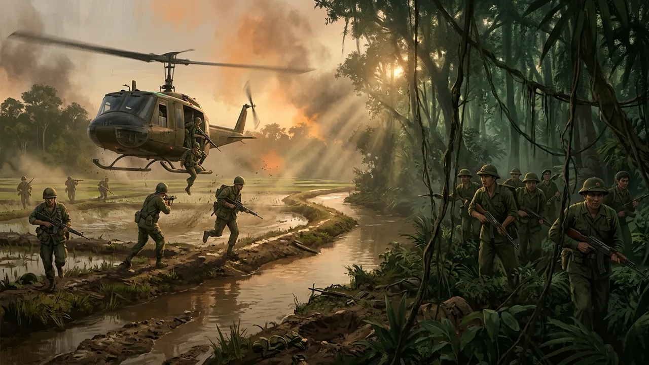 A split battlefield: US troops from a Huey on one side, NVA from the jungle on the other