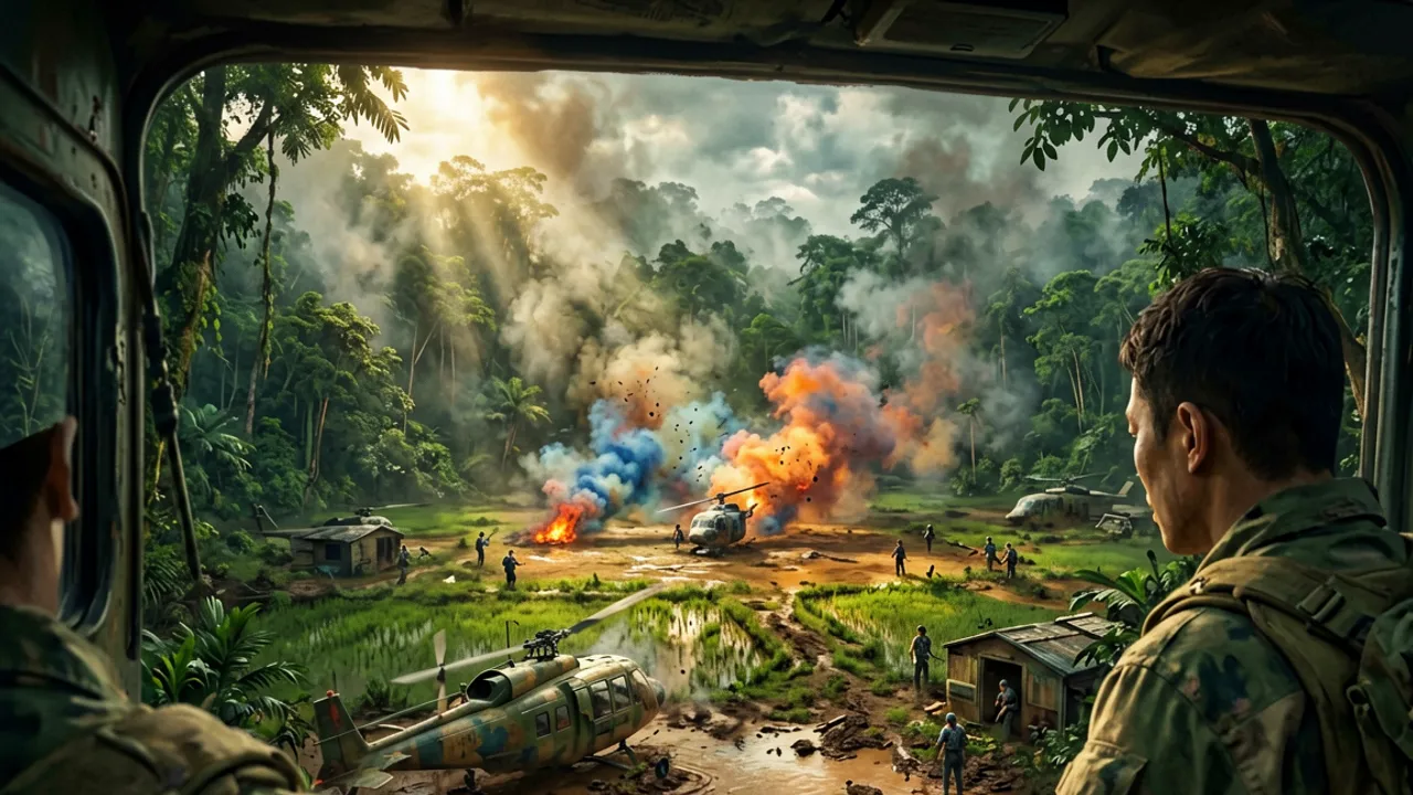 A view from a Huey door gunner over jungle and a smoke-marked landing zone