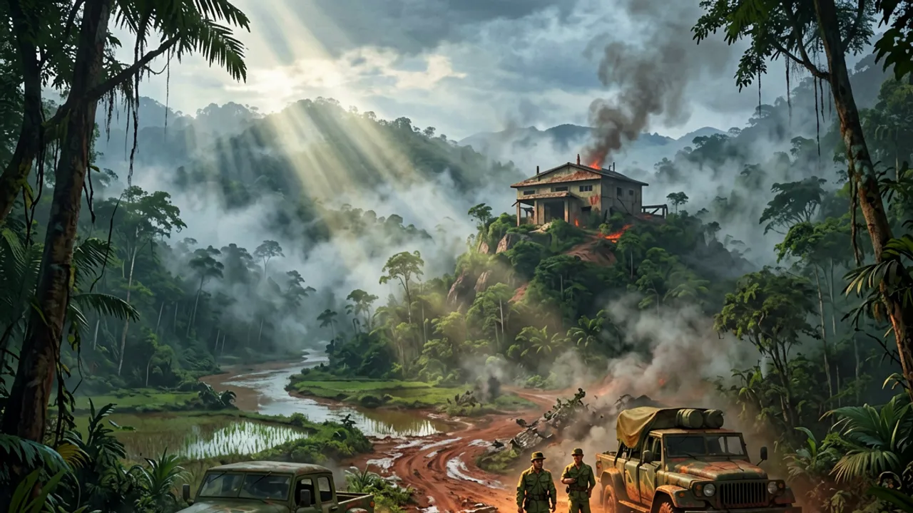 Mist-shrouded forested highland ridges and red-dirt trails with a remote hilltop firebase