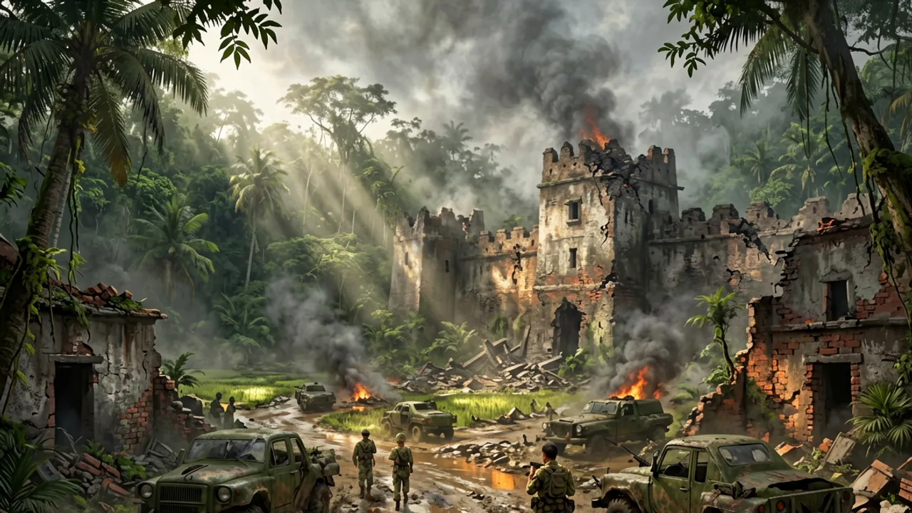 War-torn urban ruins of an old imperial city with a shattered citadel wall under smoke