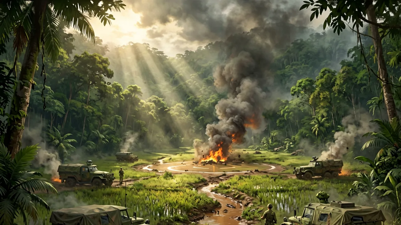A grassy jungle valley ringed by forested ridges with a smoke-marked landing zone