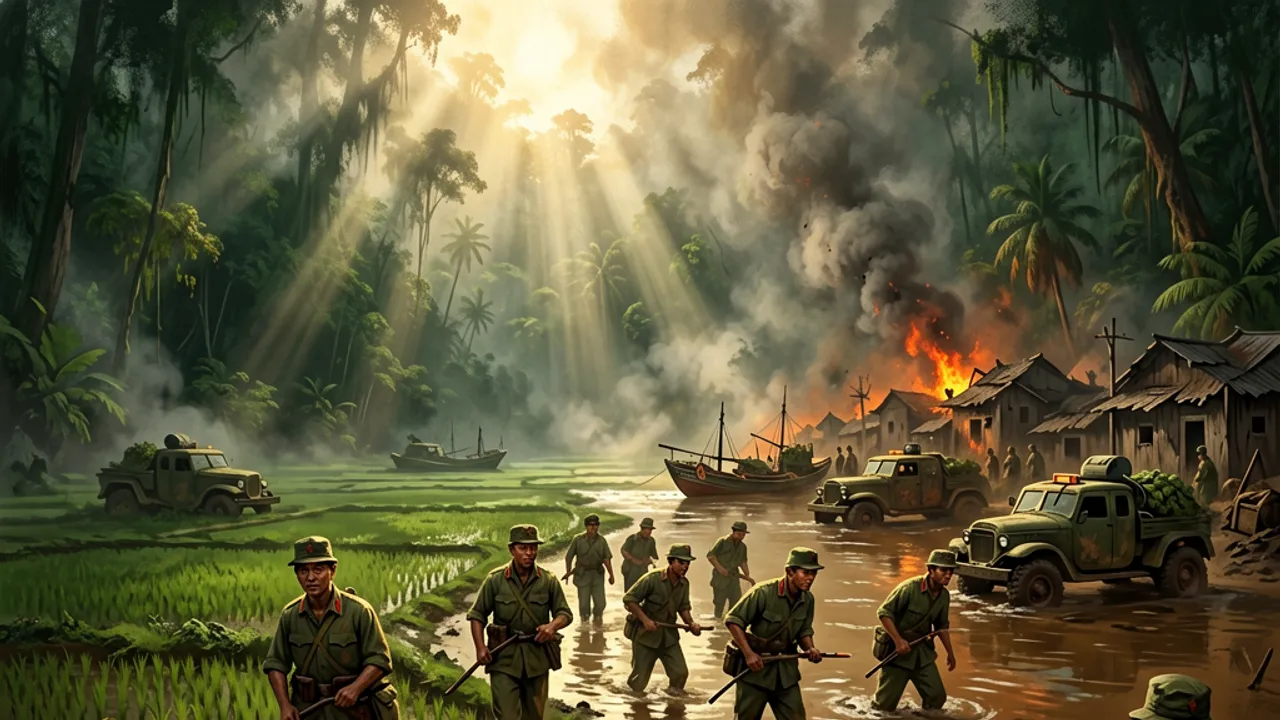 Soldiers wading flooded rice fields toward a coastal fishing hamlet under hazy sun