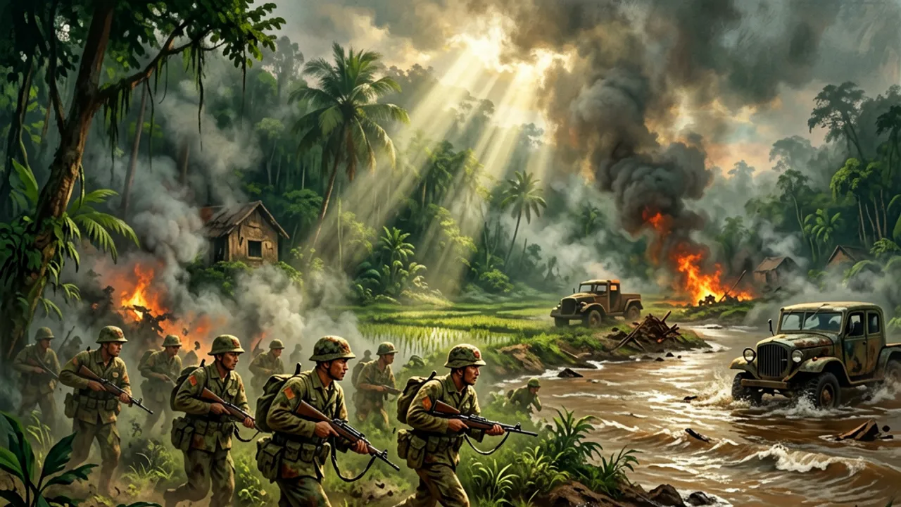 US troops advancing from a landing beach toward a village treeline under smoke