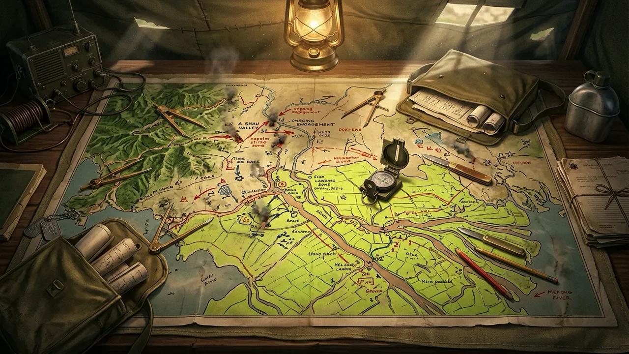 A lamplit tactical map of a Vietnam river delta and jungle highlands
