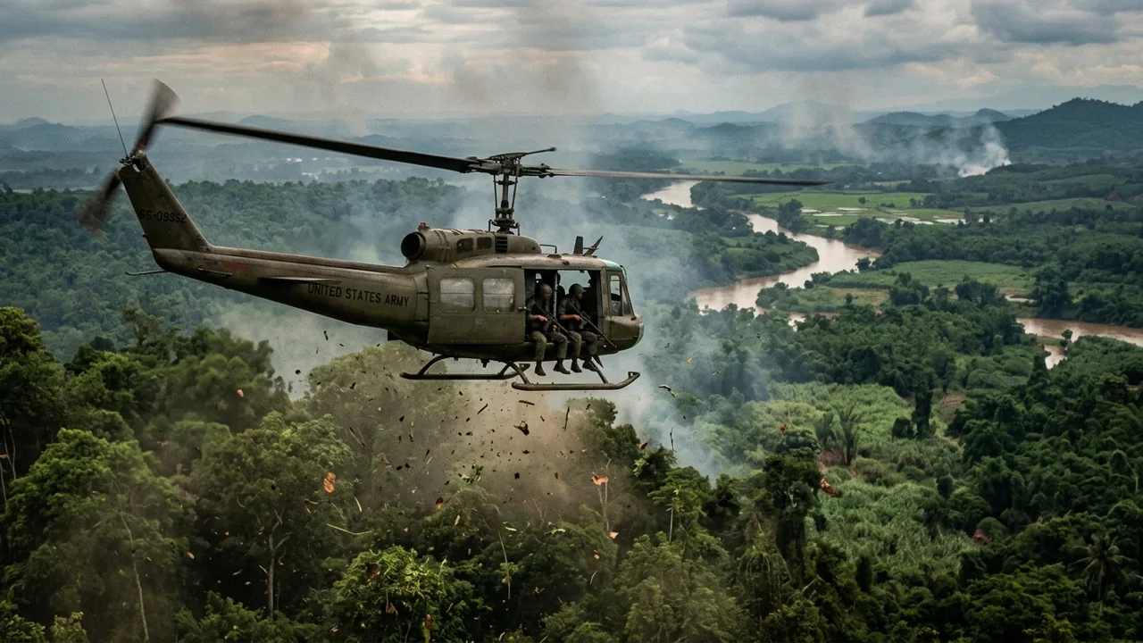 A Huey helicopter flying low over a lush Vietnamese jungle canopy with dynamic rotor wash blowing the leaves and mist rising from the river below.