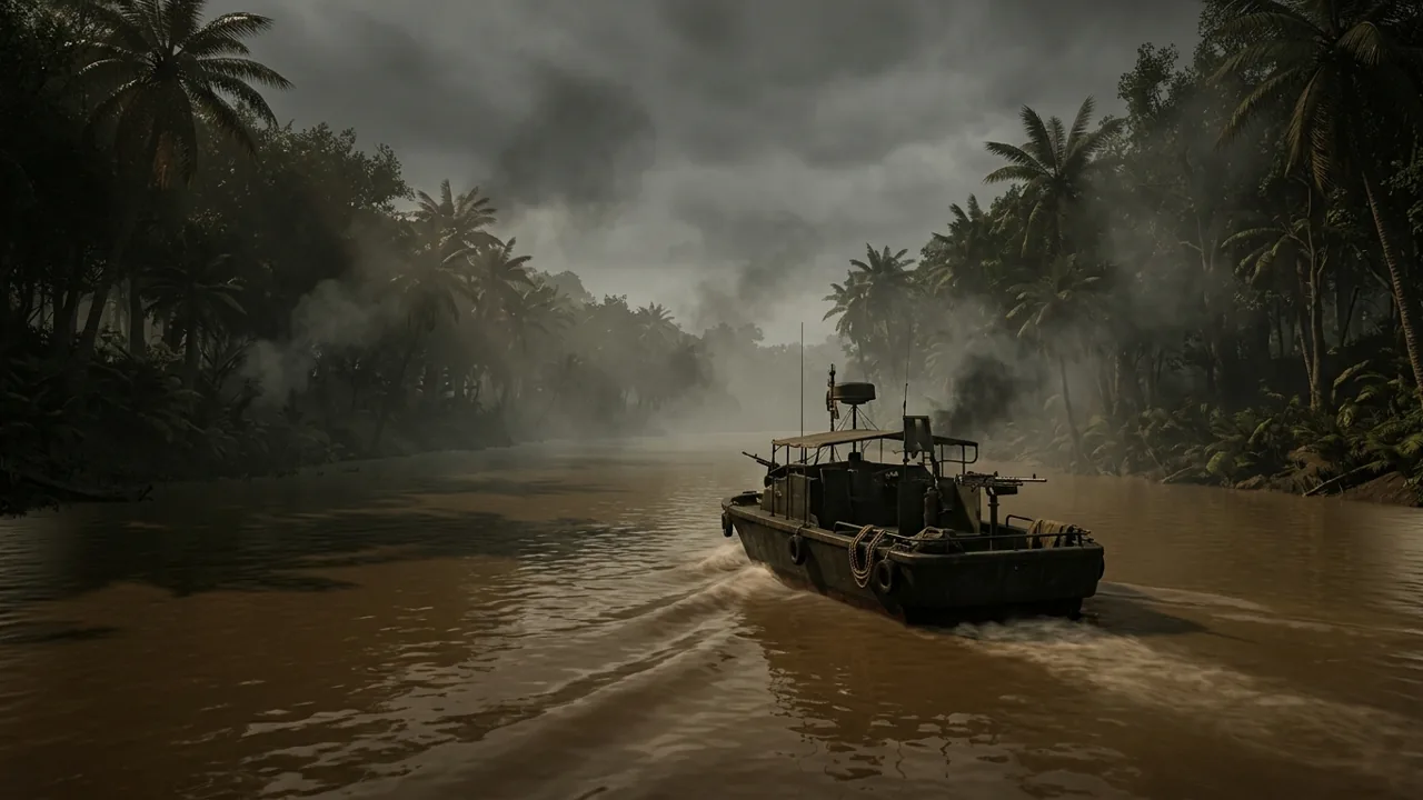 An American patrol boat with a mounted machine gun navigates a muddy delta river in Vietnam, surrounded by tall palm trees and dense jungle under a heavy grey sky.