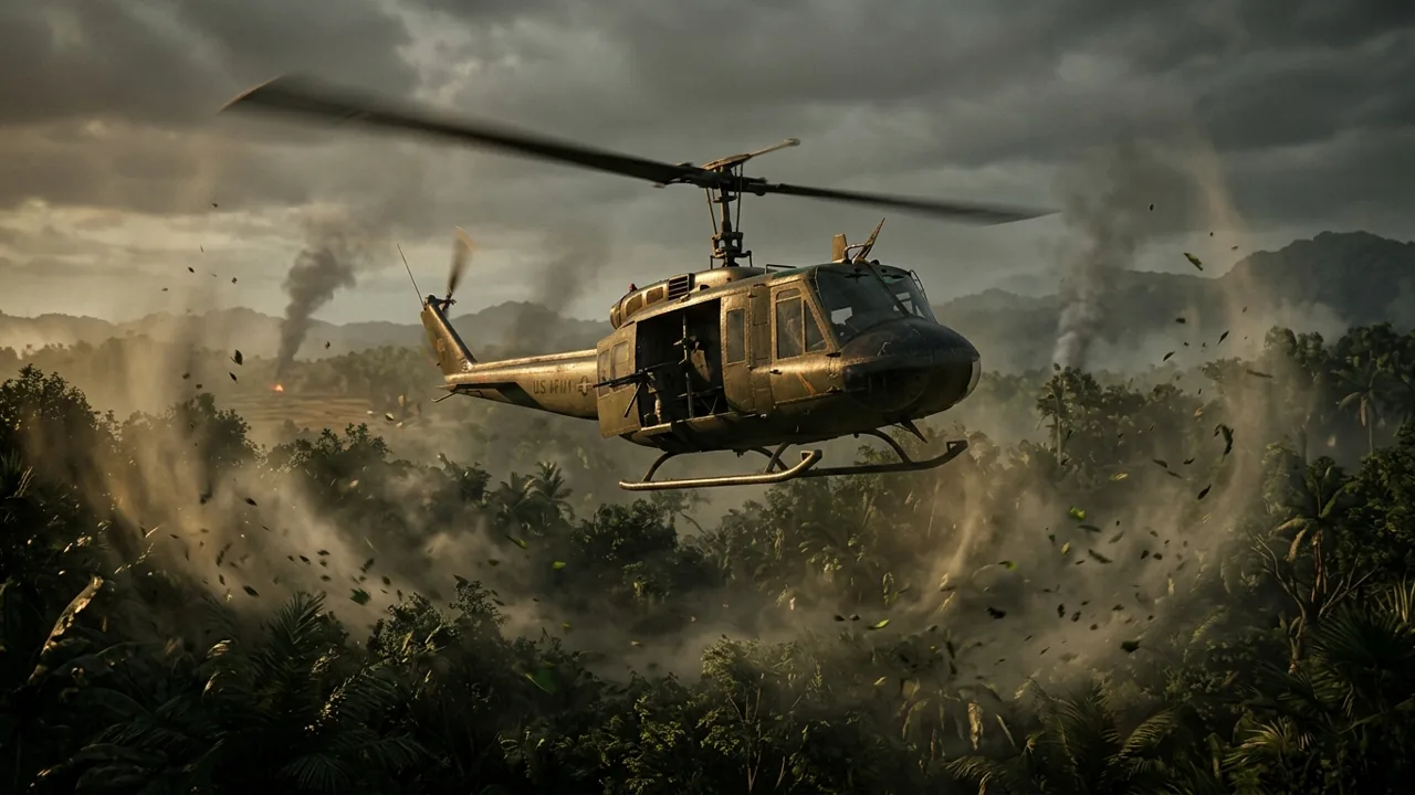 A utility helicopter hovers low over a clearing in the Vietnamese jungle, creating a massive downdraft on the surrounding foliage during a deployment.