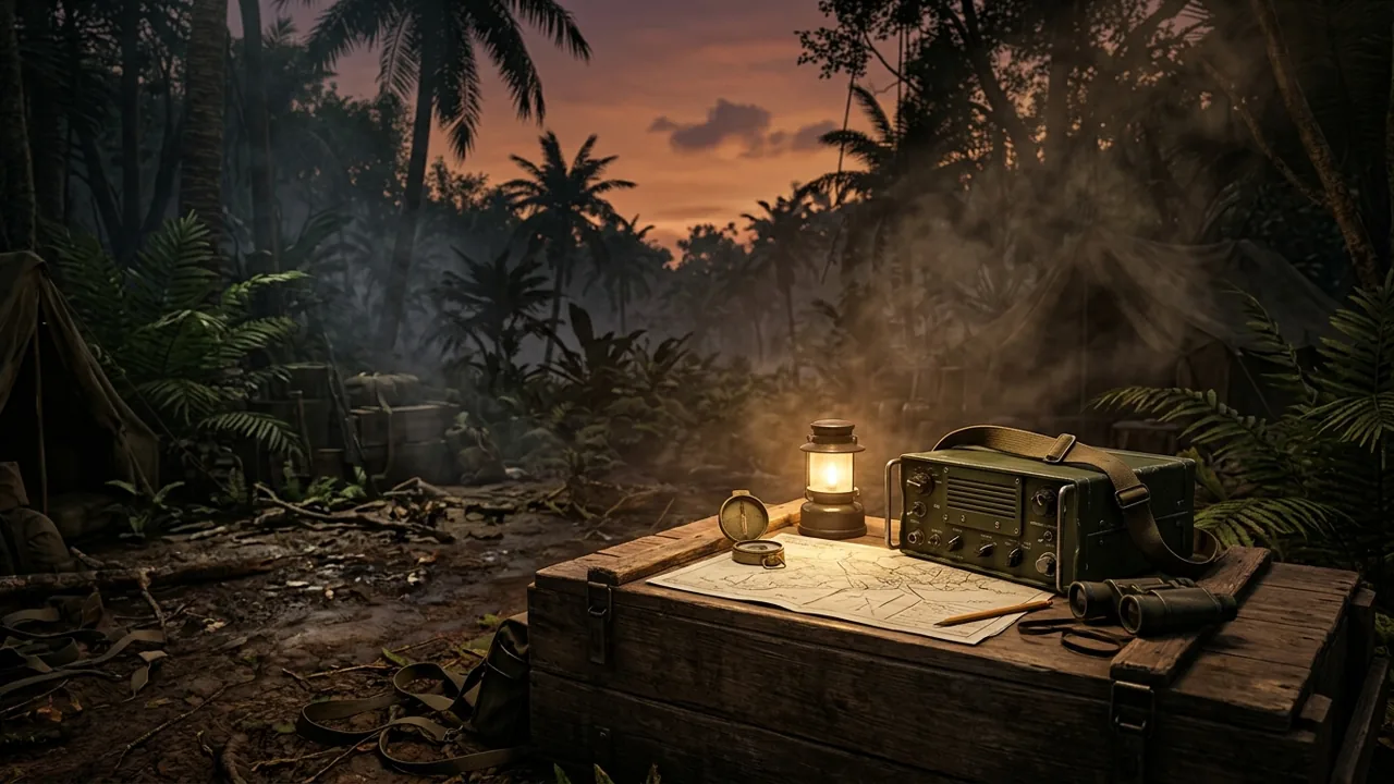 A conceptual illustration of a night tactical briefing in a Vietnam war staging camp, with soldiers huddled around maps under dim lanterns.