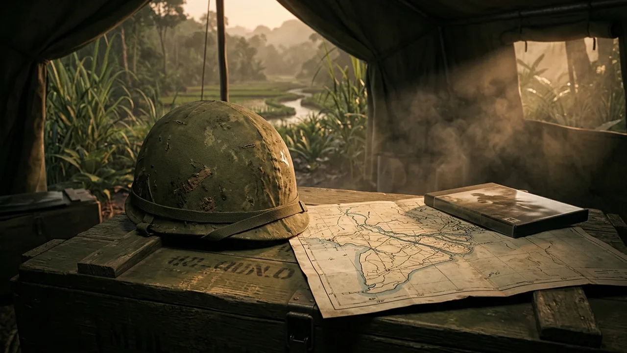 A vintage US Army steel helmet resting on a wooden military crate inside a dim tent, with a tactical map of Vietnam and a silhouette of a physical game disc container visible in the background.