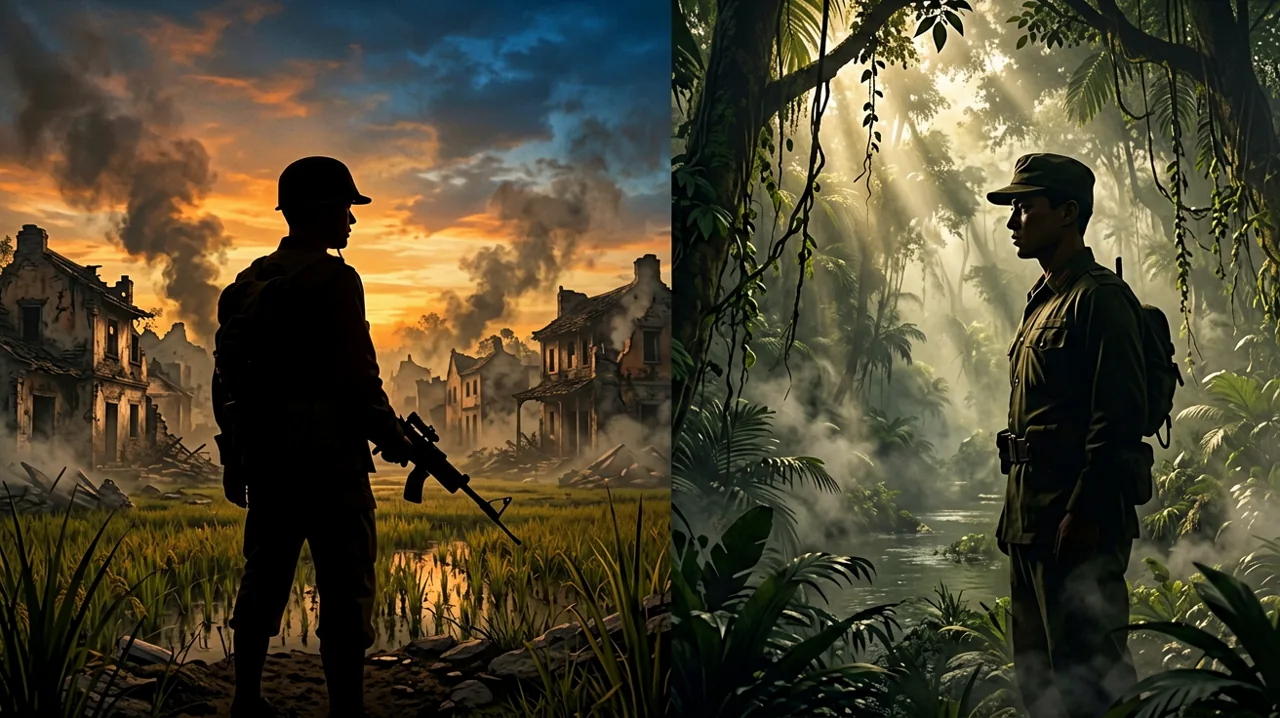 A split silhouette of a World War II soldier looking over a ruined European town and a Vietnam-era soldier staring into a dense jungle under a warm sunset sky.