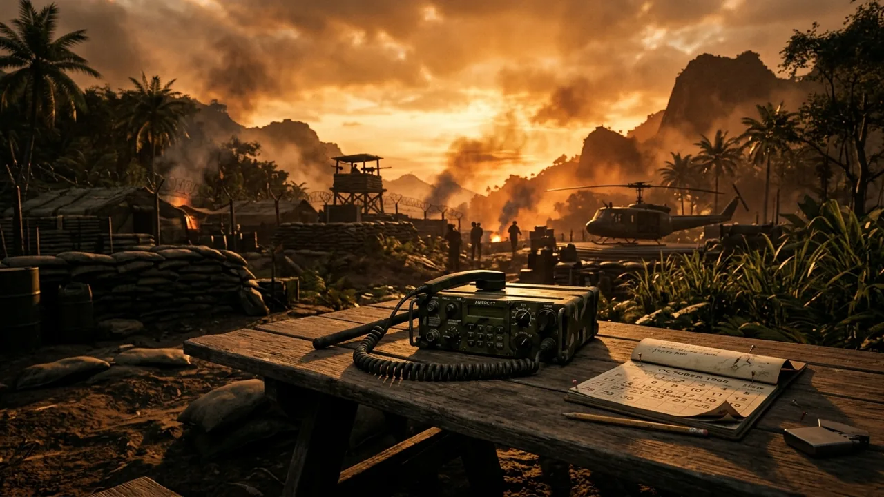 A tactical field radio and a military calendar sitting on a wooden table at a jungle base during an orange sunset.