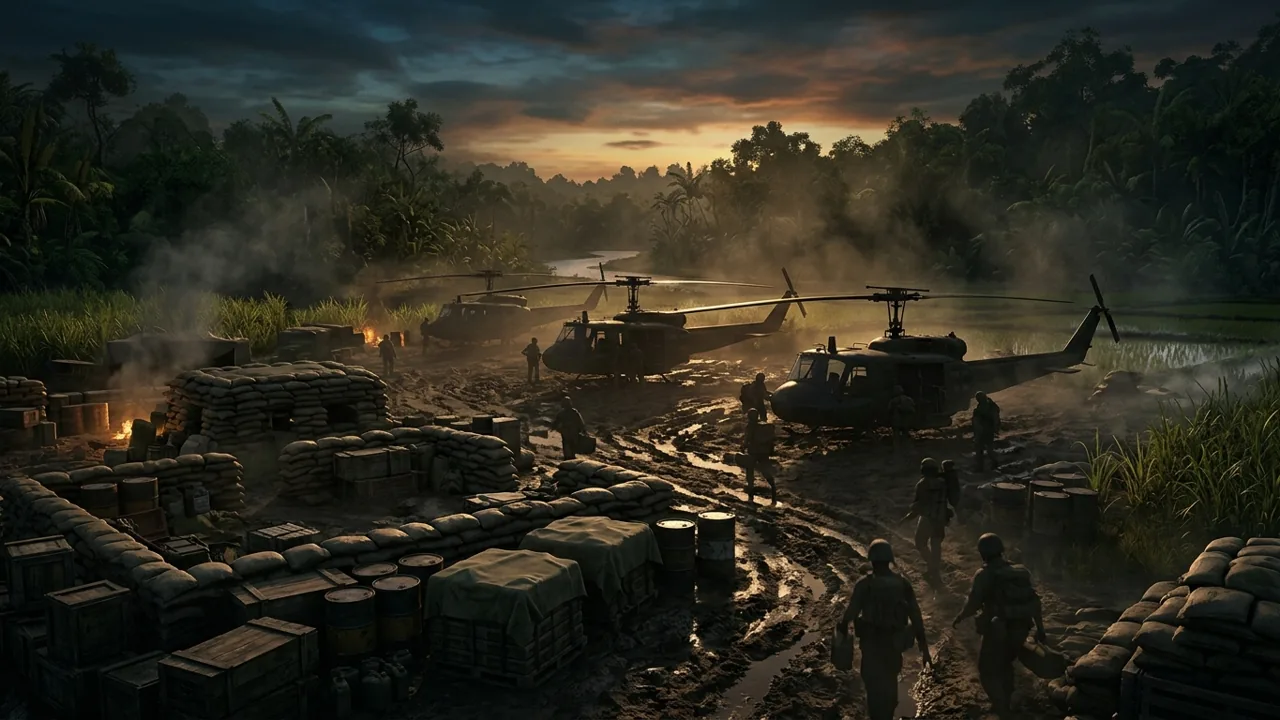 A twilight scene at a temporary US firebase in the Vietnam jungle, silhouetted utility helicopters parked on muddy ground.