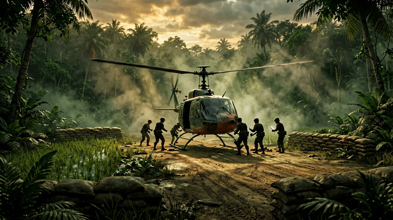 Silhouetted soldiers assembling at a fortified jungle airfield at twilight.