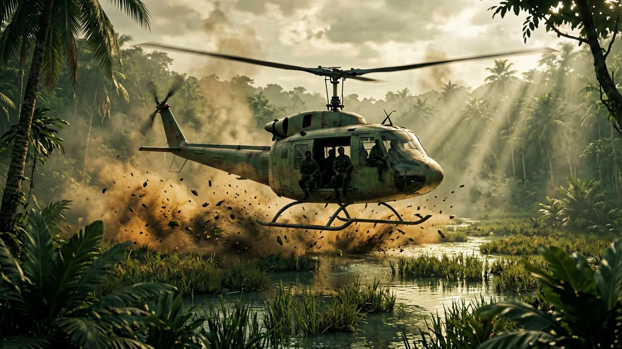 A Huey helicopter flying low over a dense Vietnam jungle canopy as soldiers prepare to deploy.