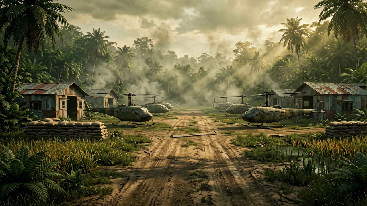 An open military airfield in the Vietnam jungle featuring sandbag bunkers and parked Huey helicopters