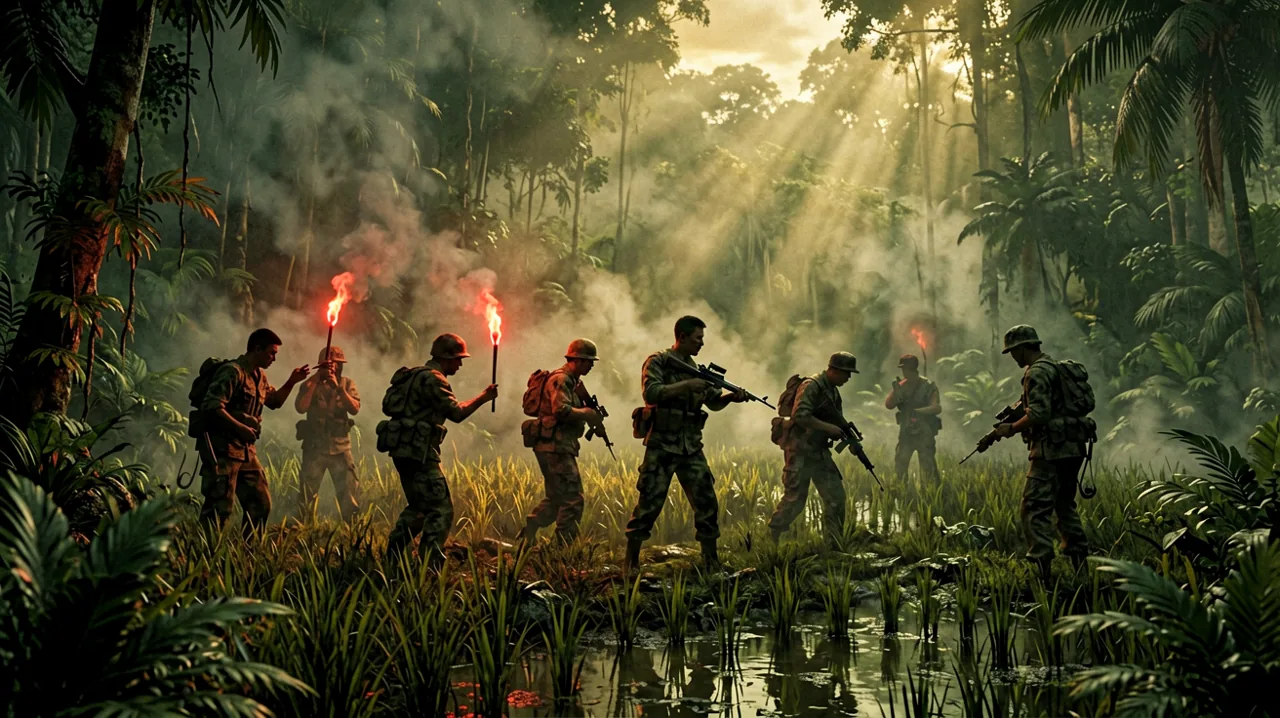 Silhouettes of infantry squads preparing for a night operation in the misty Vietnamese jungle under the glow of signal flares.