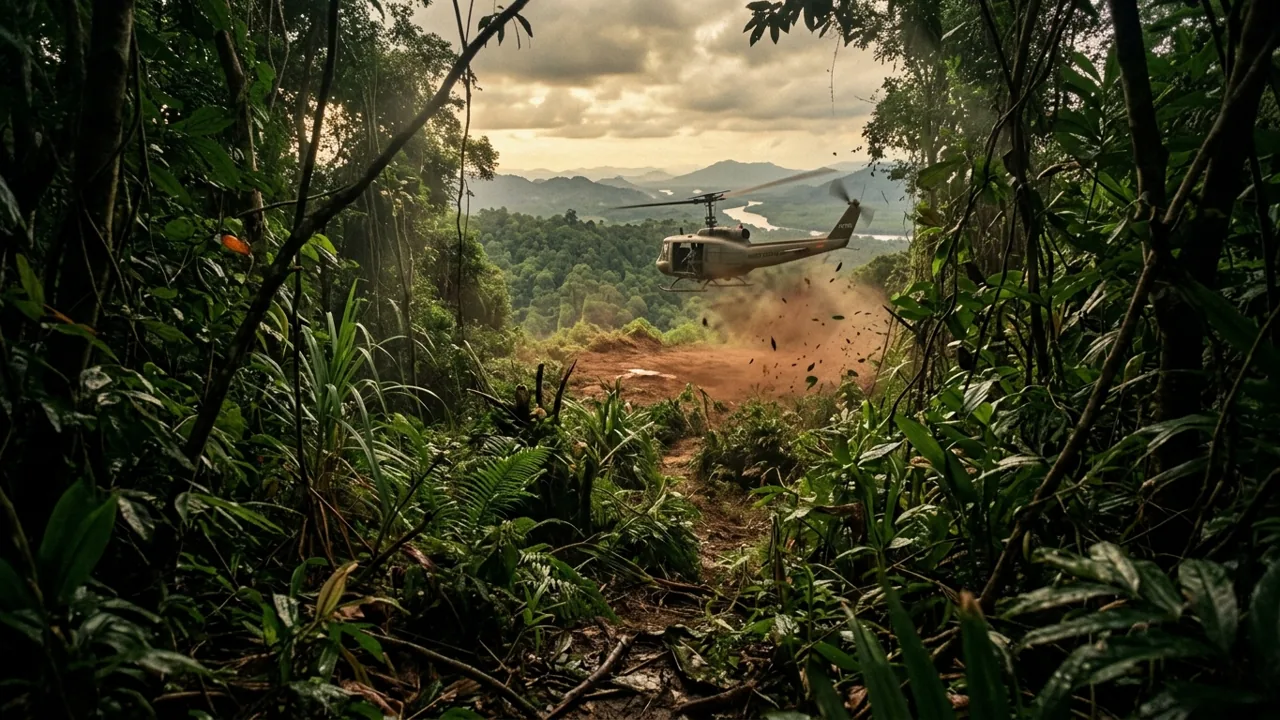 First-person view of a dense Vietnamese jungle canopy with a Huey helicopter hovering in the distance