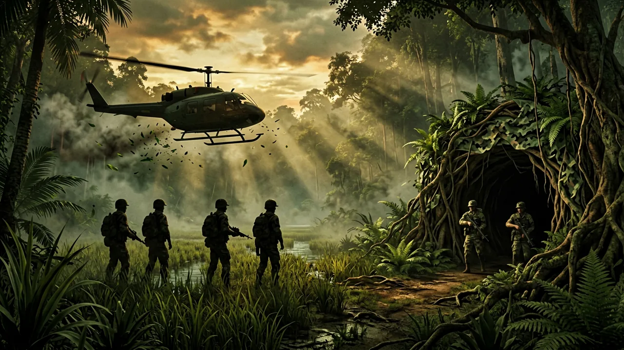Silhouette composition of US forces and Viet Cong fighters facing off across a dense, foggy jungle clearing at dusk.
