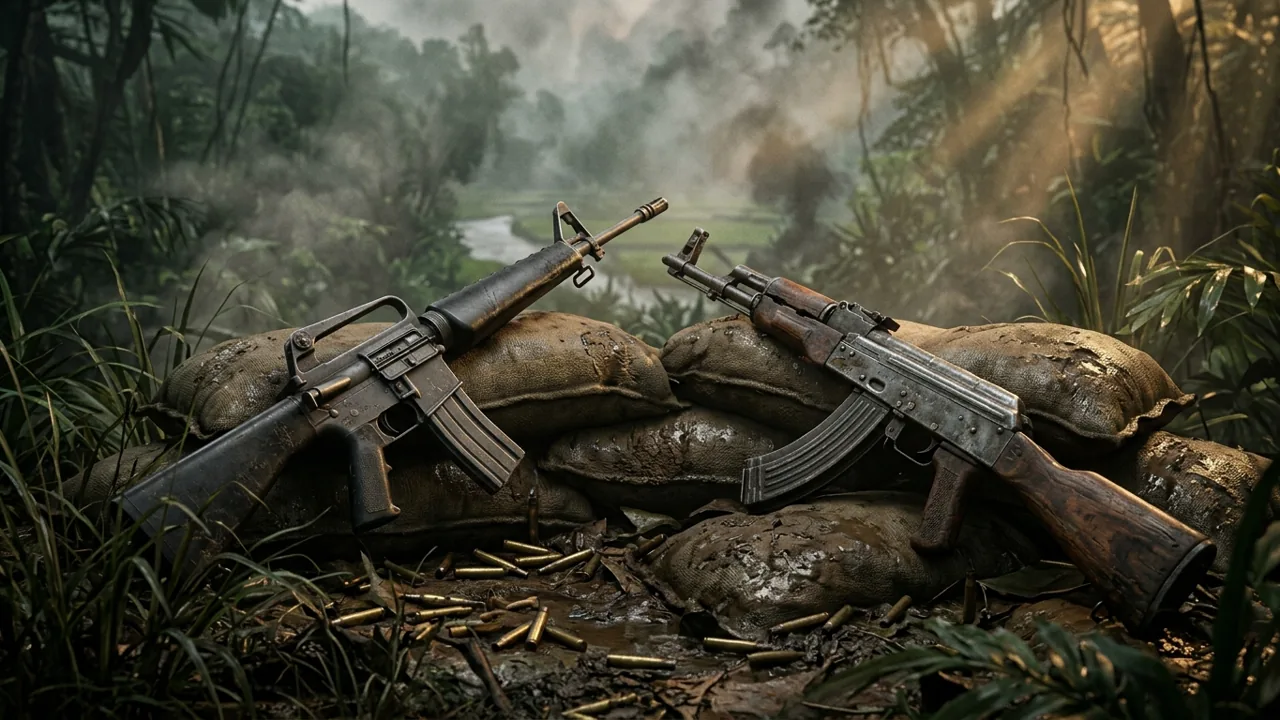 A 1960s assault rifle resting on sandbags in a dense Vietnamese jungle setting