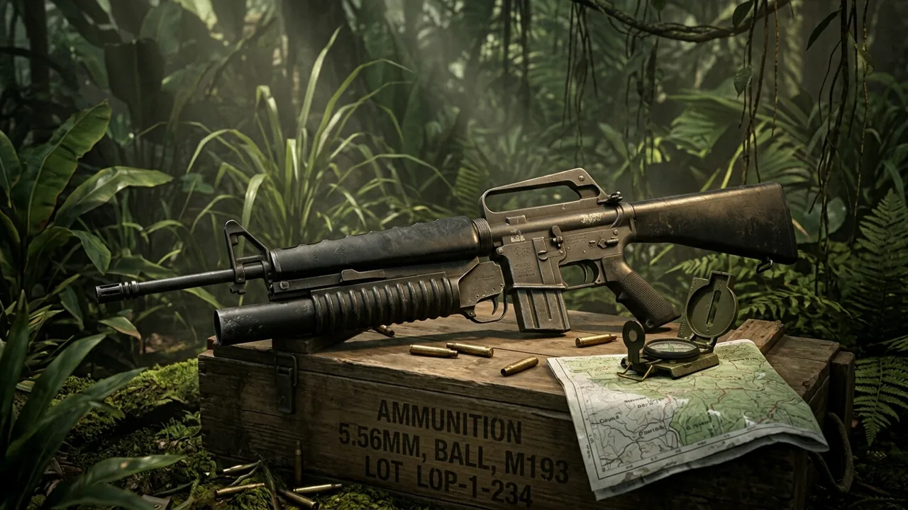 A 1960s M16A1 rifle and M203 grenade launcher resting on a wooden ammunition crate in a dense jungle.