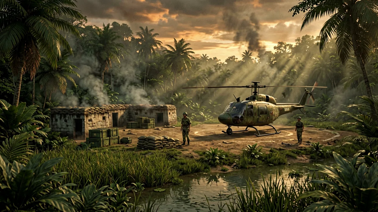 A Vietnam War-era jungle fire base at dusk, setting a tense pre-launch atmosphere.