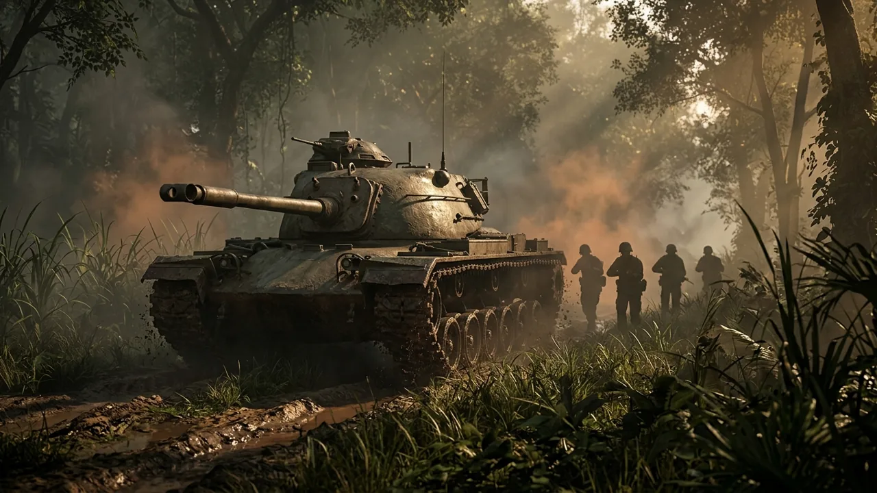 A heavy tank maneuvers through dense Vietnamese jungle vegetation as infantry take cover behind its armored chassis.