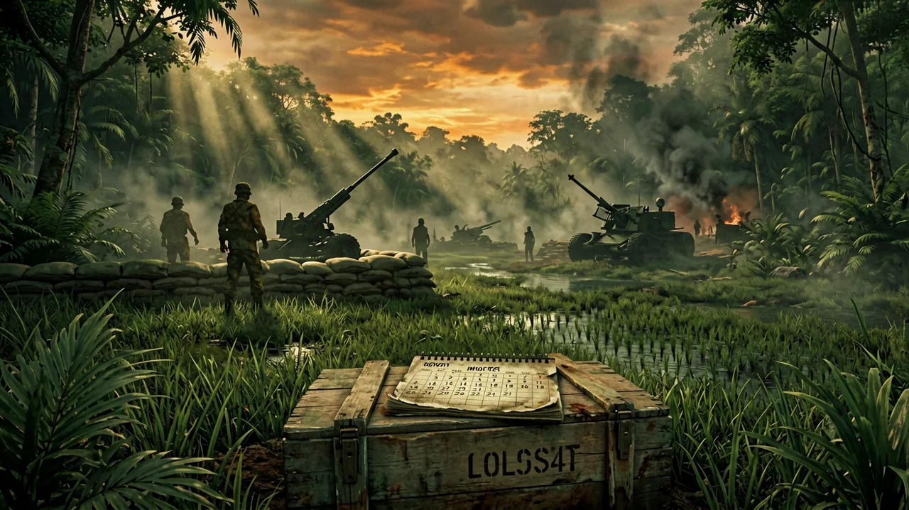 A twilight Vietnam War fire support base with a subtle countdown calendar marked on an ammo crate.