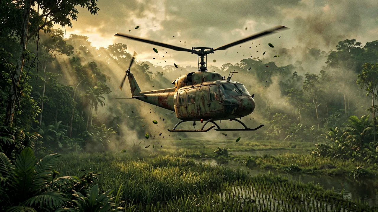 A UH-1 Huey helicopter flying low over a dense Vietnamese jungle canopy, preparing for a combat landing.