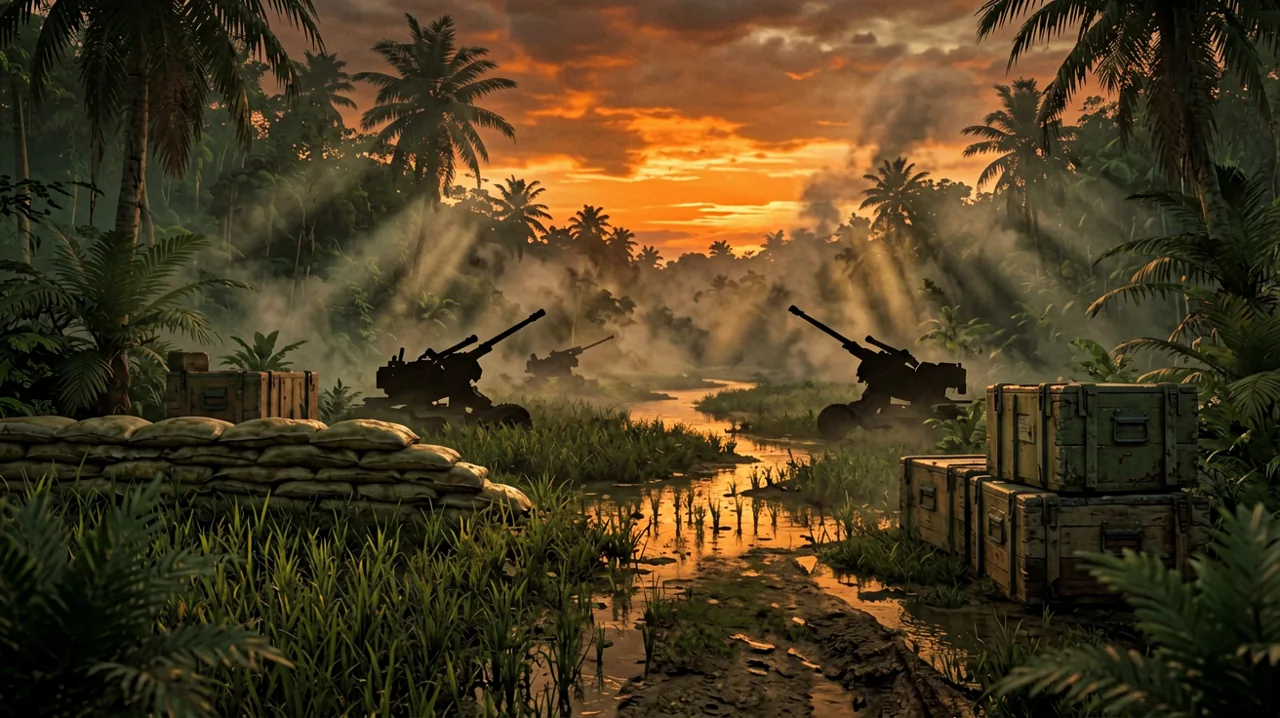 Twilight firebase in the jungle with artillery silhouettes against an orange sunset.