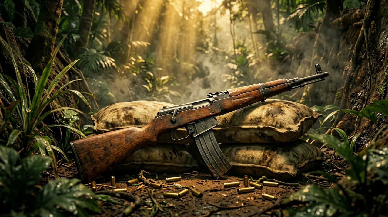 A 1960s assault rifle resting against sandbags in a humid jungle trench.
