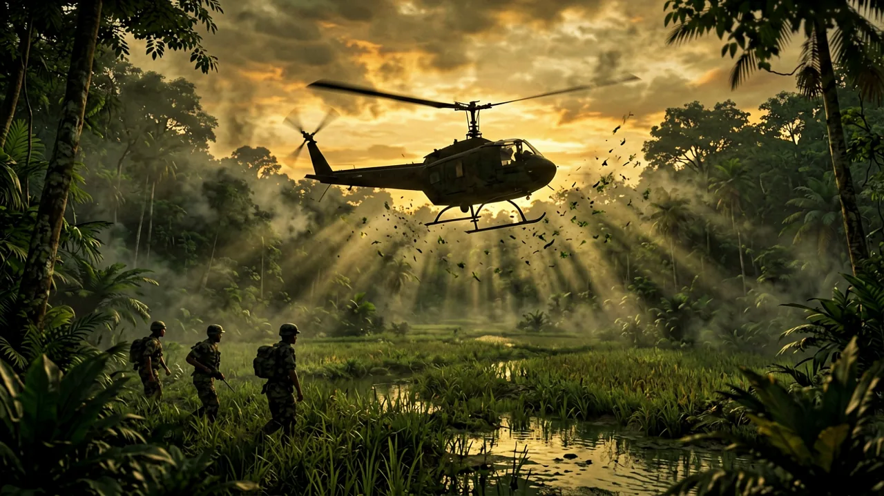 A UH-1 Huey helicopter flying low over a dense Vietnamese jungle canopy at dusk
