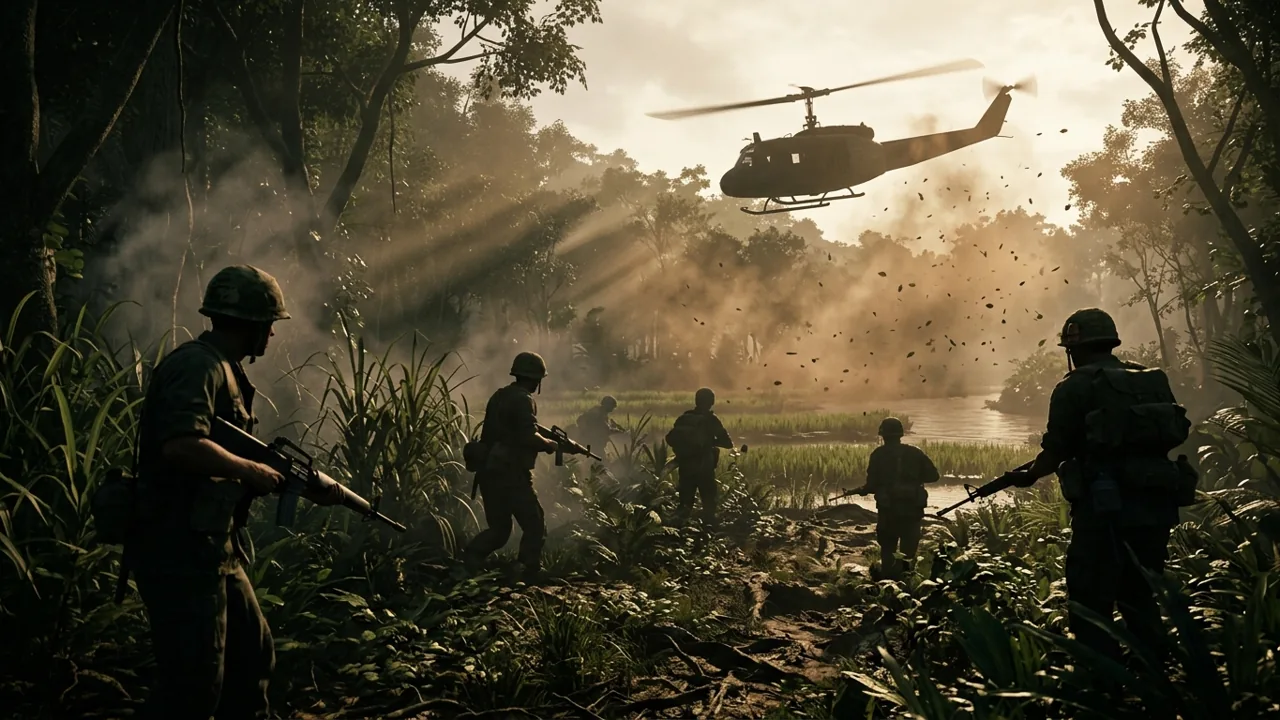 US infantry advancing through dense 1960s jungle foliage as a Huey helicopter flies overhead