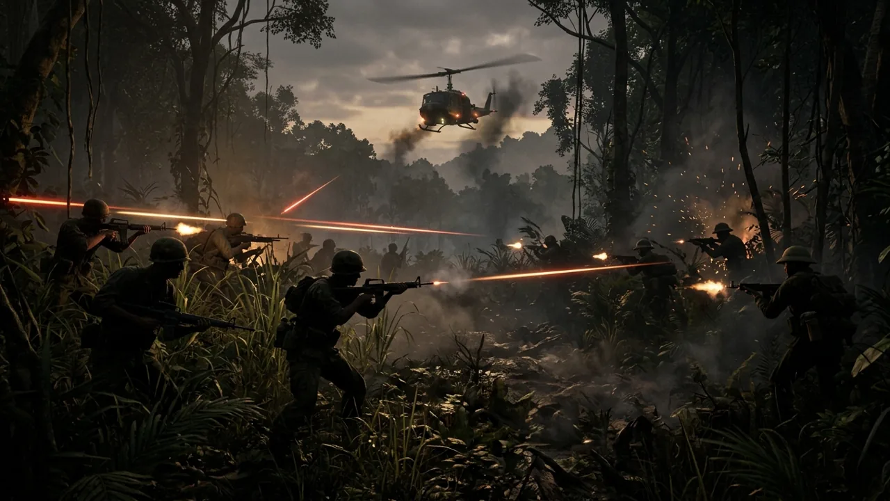 US and North Vietnamese silhouettes clashing in a dense jungle, highlighting the chaotic, frontless nature of combat.