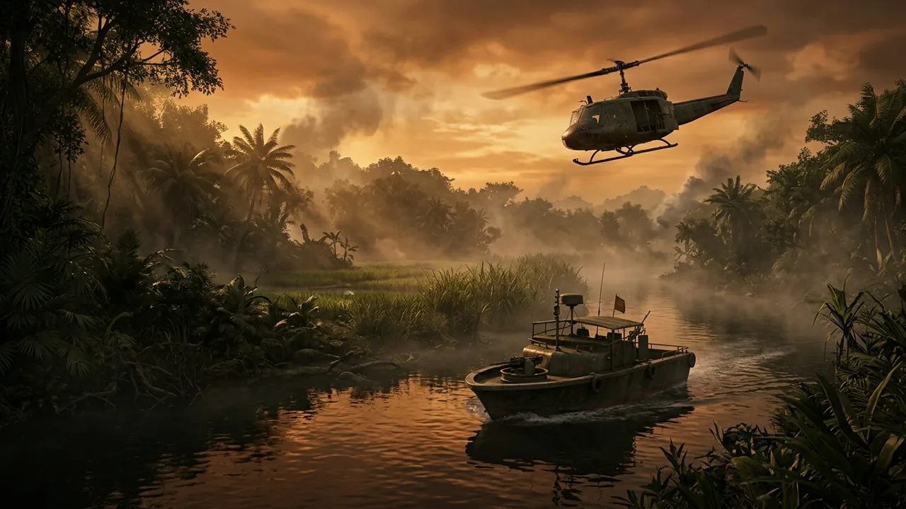 A misty riverine landscape in Vietnam at sunset, featuring a patrol boat and a distant helicopter preparing for deployment.