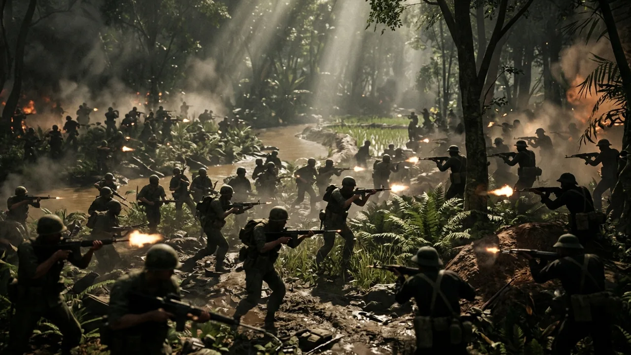 A dense Vietnam jungle combat scene focusing on conventional infantry warfare between US forces and North Vietnamese Army soldiers.