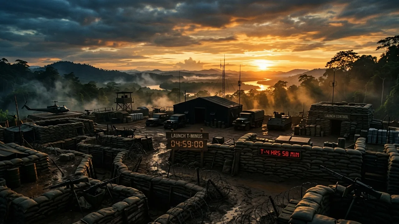 A sunset over a Vietnam War fire base with sandbags and a conceptual countdown atmosphere.