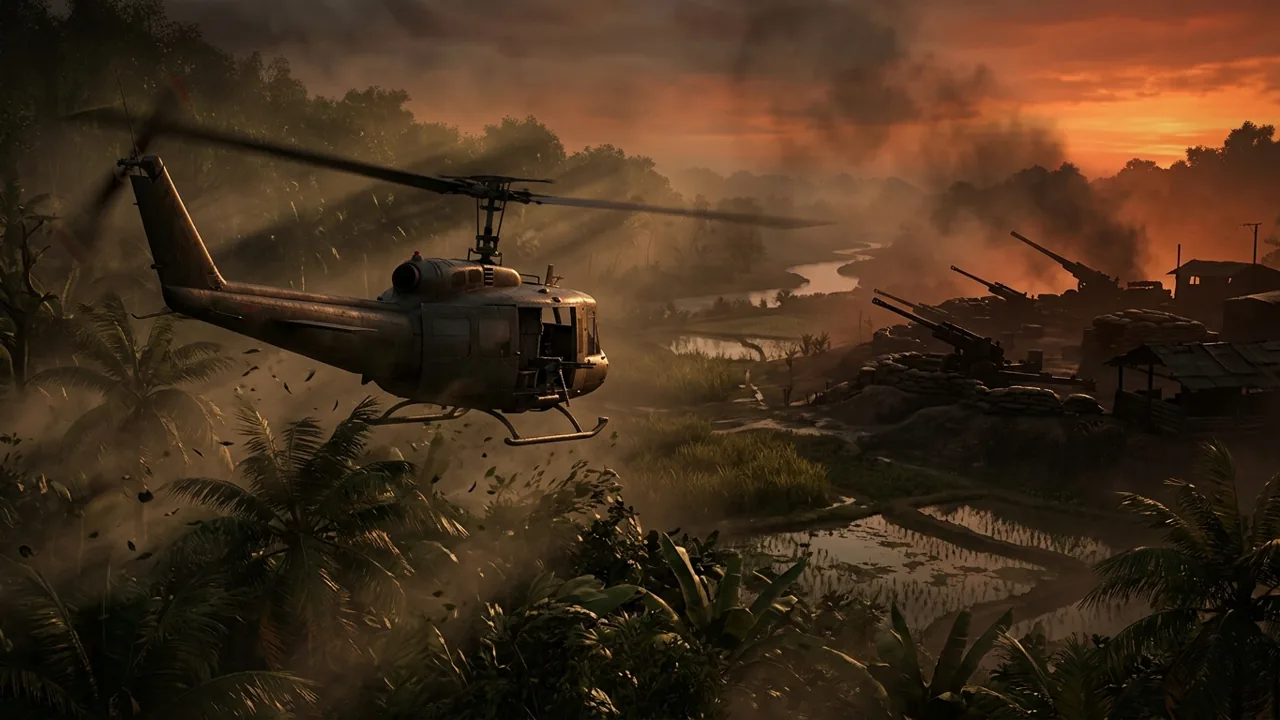 A UH-1 Huey helicopter flying over a dense Vietnamese jungle during a golden sunset, focusing on the military hardware.