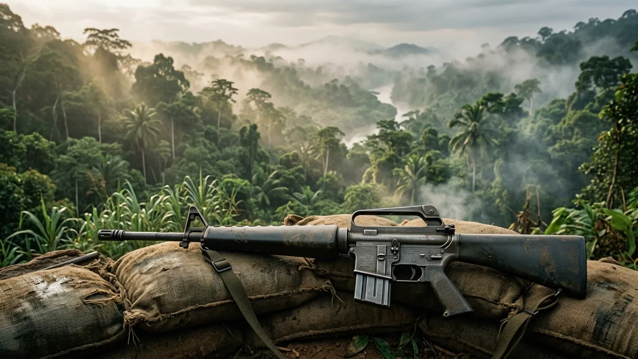 A detailed view of a 1960s rifle resting on sandbags overlooking a dense Vietnamese jungle shrouded in thick morning fog.