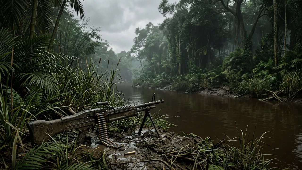 A heavy machine gun abandoned on the muddy banks of a dense Vietnamese jungle river.