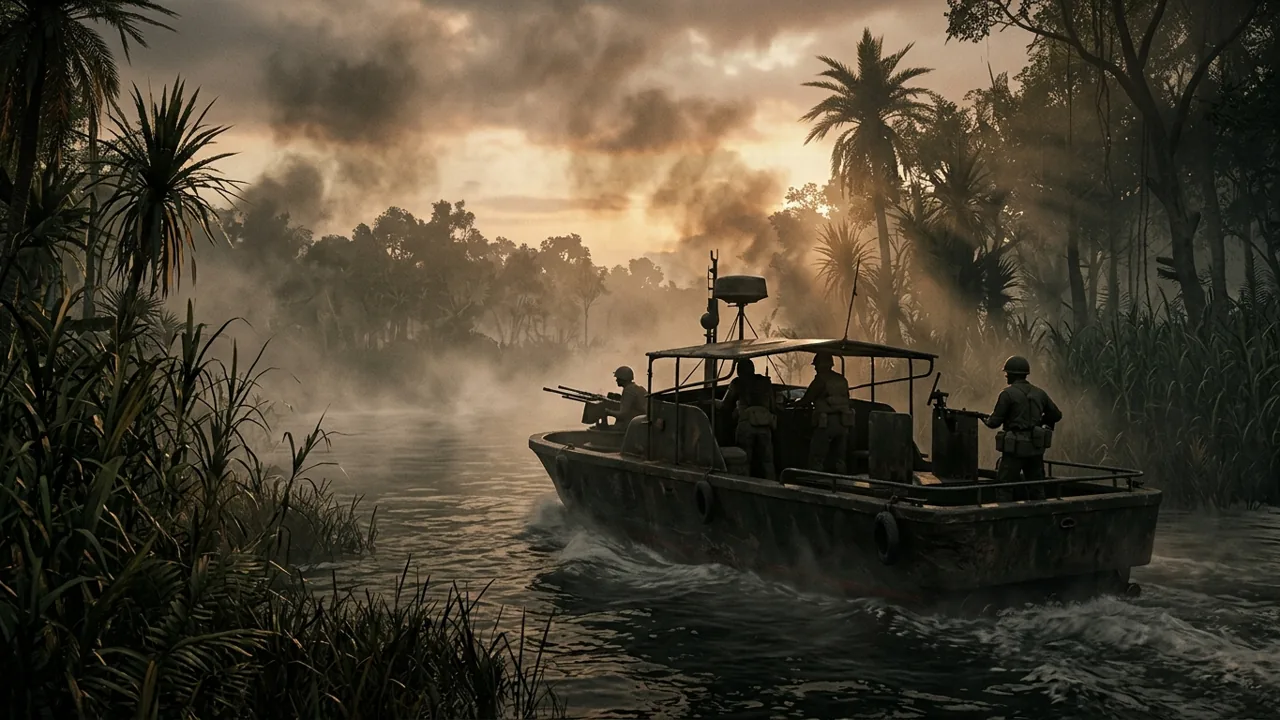A patrol boat navigates through a misty river delta in the jungle, transporting soldiers past dense reeds.