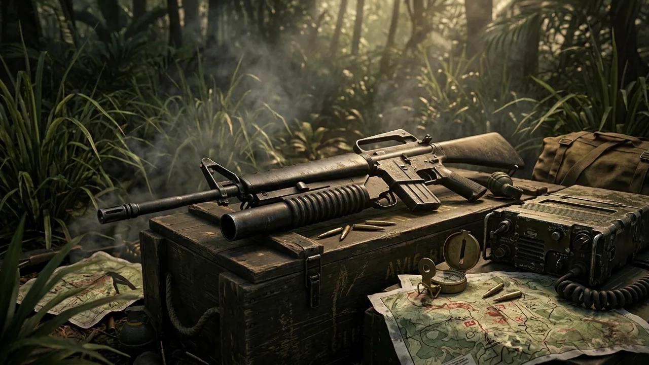 A close-up still life of a 1960s M16 rifle and radio equipment resting on a wooden crate.