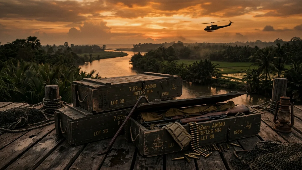 1960s weapons crates stacked at a sunset military port