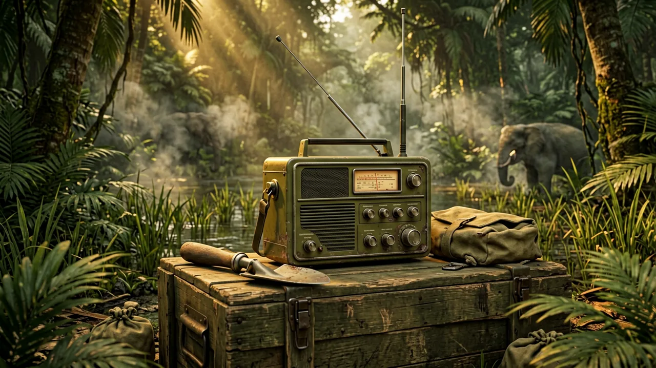 A vintage US military field radio and entrenching tool resting on wooden crates in a dense jungle environment.