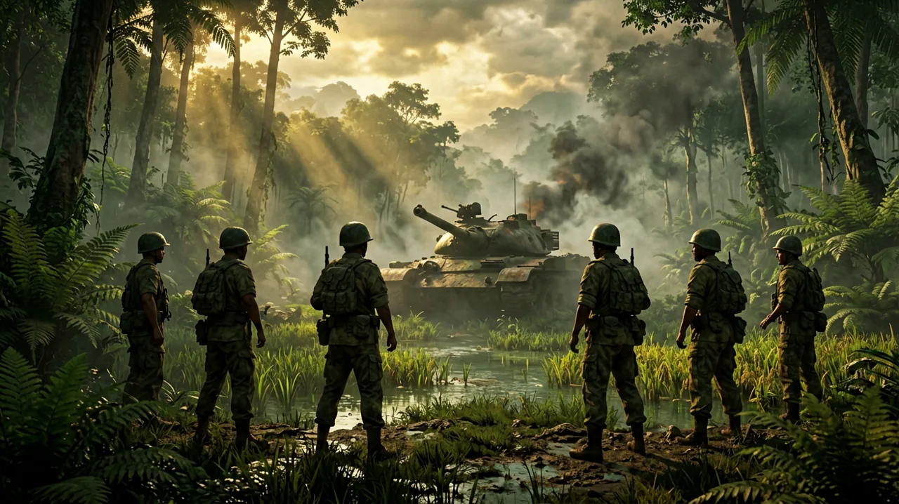 Silhouettes of soldiers and a tank in a dense jungle environment
