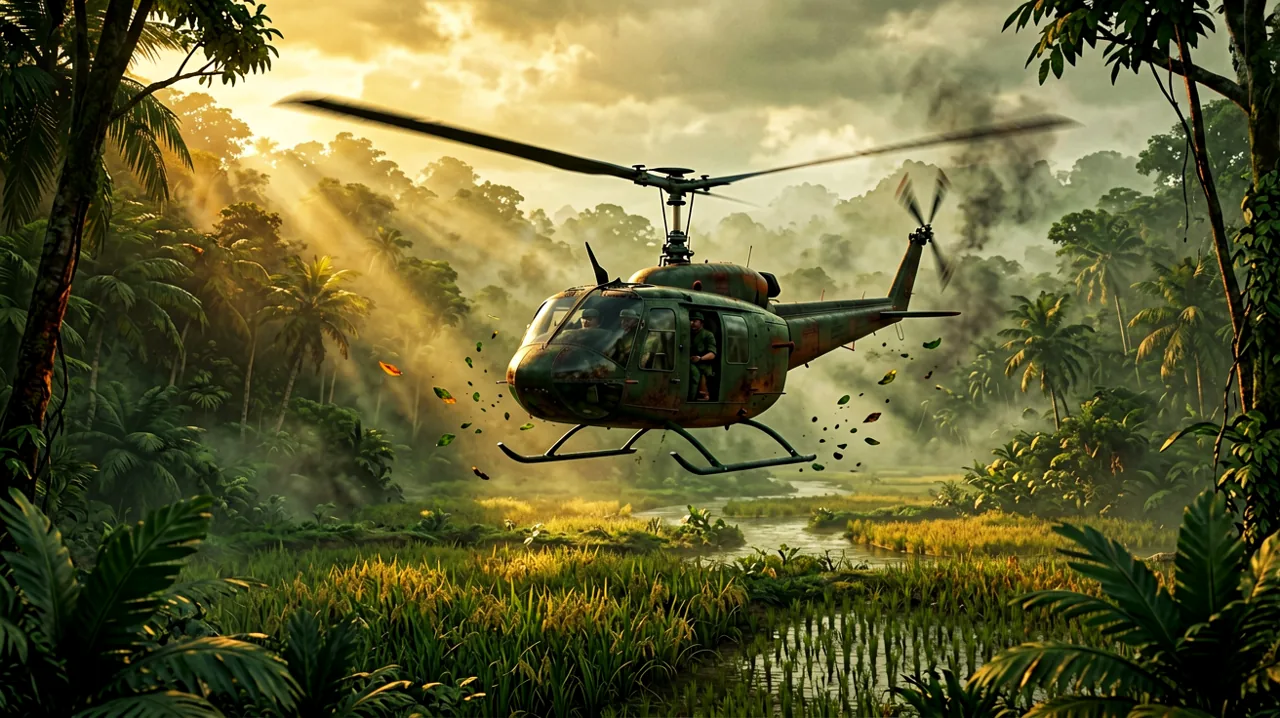 A UH-1 Huey helicopter flying low over dense Vietnam jungle canopy.